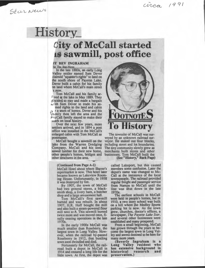 188 pages of subject files containing and related to McCall, Idaho: History IV 1991-2011