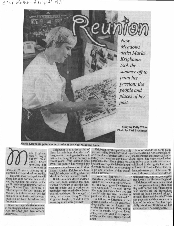 2 pages of family history documents containing and related to Marla Krigbaum - including: Star News article re Marla's art