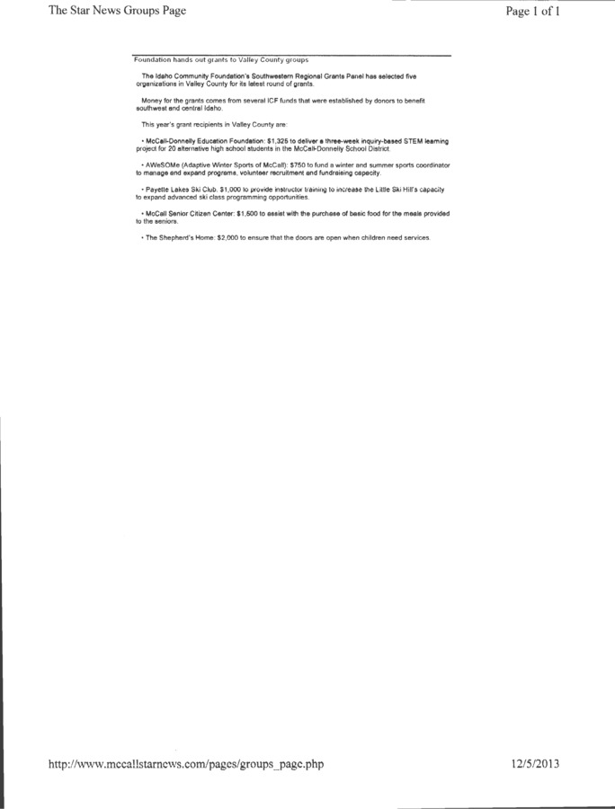 1 pages of subject files containing and related to Idaho Community Foundation