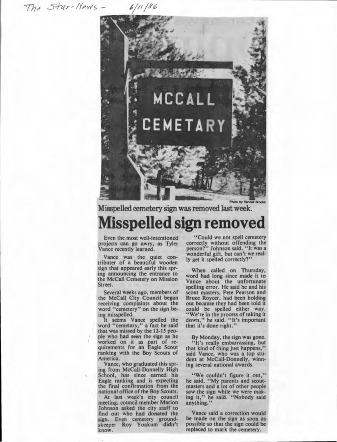 1 pages of subject files containing and related to McCall, Idaho: Cemetery