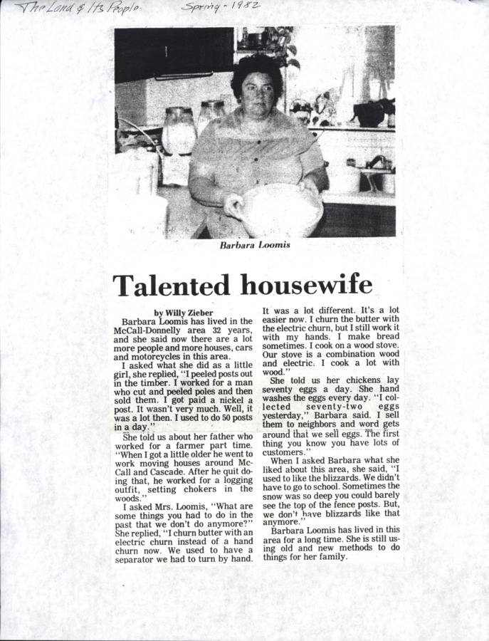 1 page of family history documents containing and related to Barbara Loomis - including: Homestead family memories of 1950's; moving houses in McCall