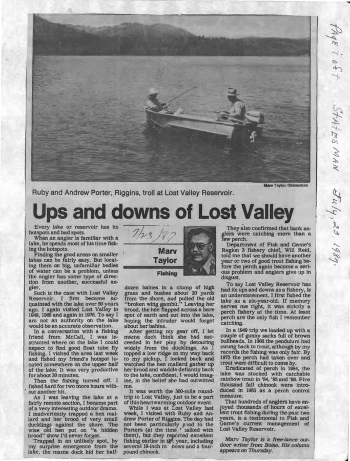 5 pages of subject files containing and related to Lost Valley Reservoir