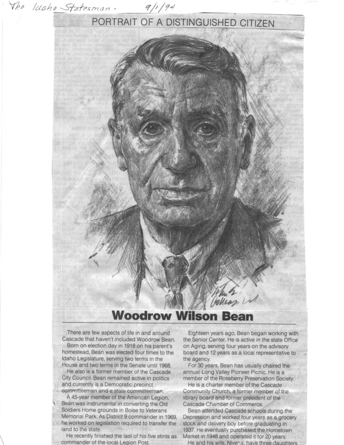 31 page of family history documents containing and related to Woodrow W Bean "Woody" - including: Oral History; obit