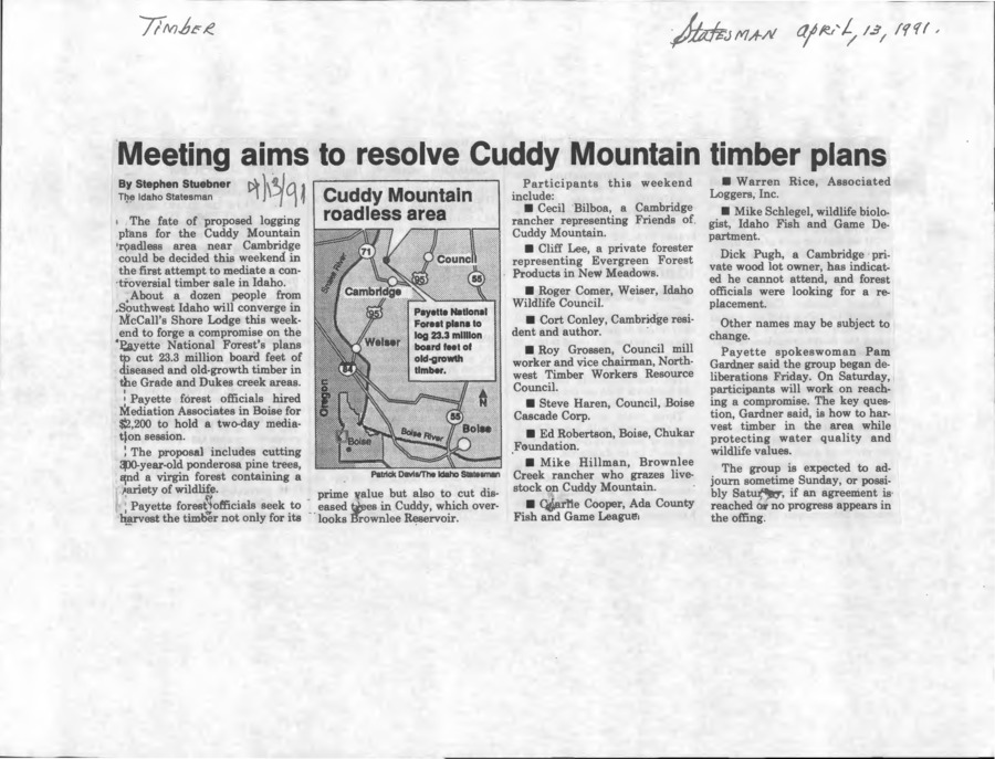3 pages of subject files containing and related to Lumber and Lumbering: Cuddy Mountain