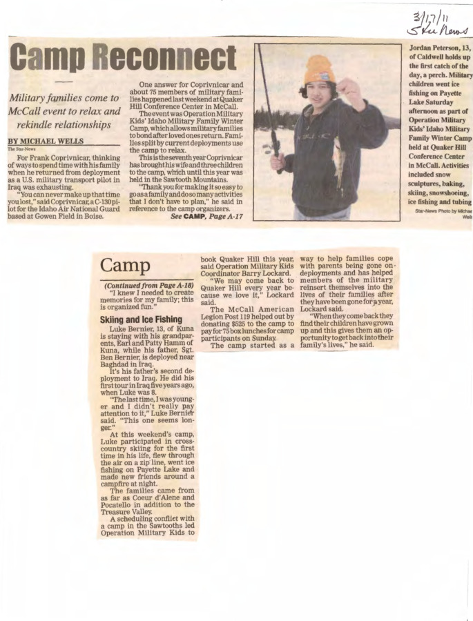 1 pages of subject files containing and related to McCall, Idaho: Camps