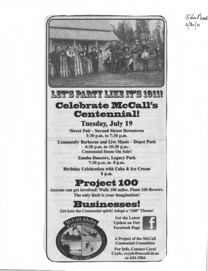 5 pages of subject files containing and related to McCall, Idaho: Centennial