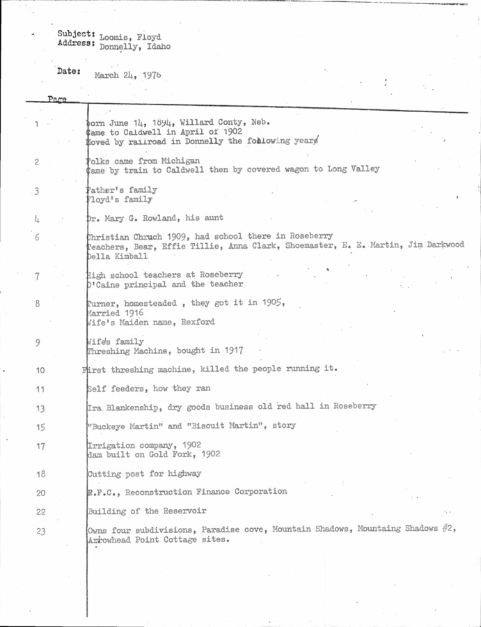 1 page of family history documents containing and related to Floyd A. Loomis - including: He was editor of memoirs of Dr. Mary Rowland, his great, great aunt.Star News articles about this.