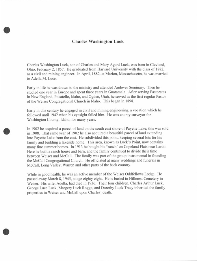 14 pages of family history documents containing and related to Charles Luck; Odelia Luck; Marjorie Luck; John Rogge - including: obituary; News Article; Mining Claim legal document; wedding article