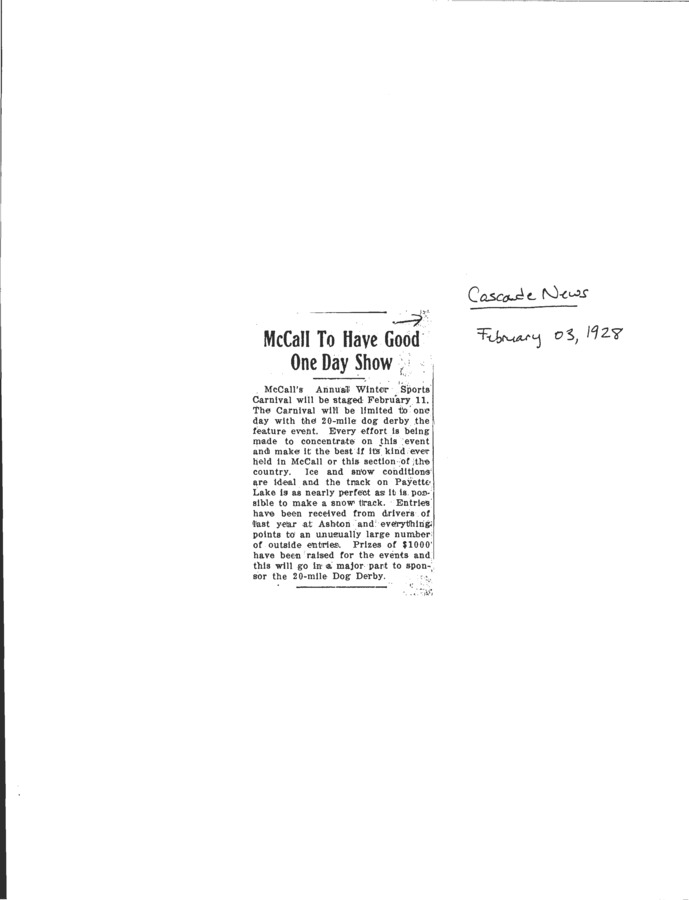 6 pages of subject files containing and related to McCall Winter Carnival 1928-1930