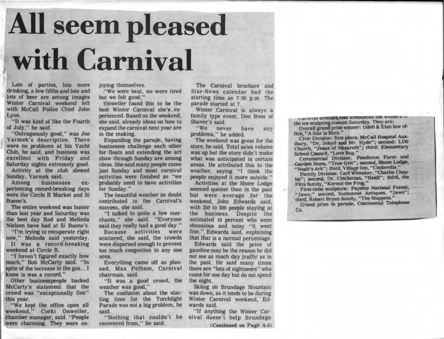 41 pages of subject files containing and related to McCall Winter Carnival 1981