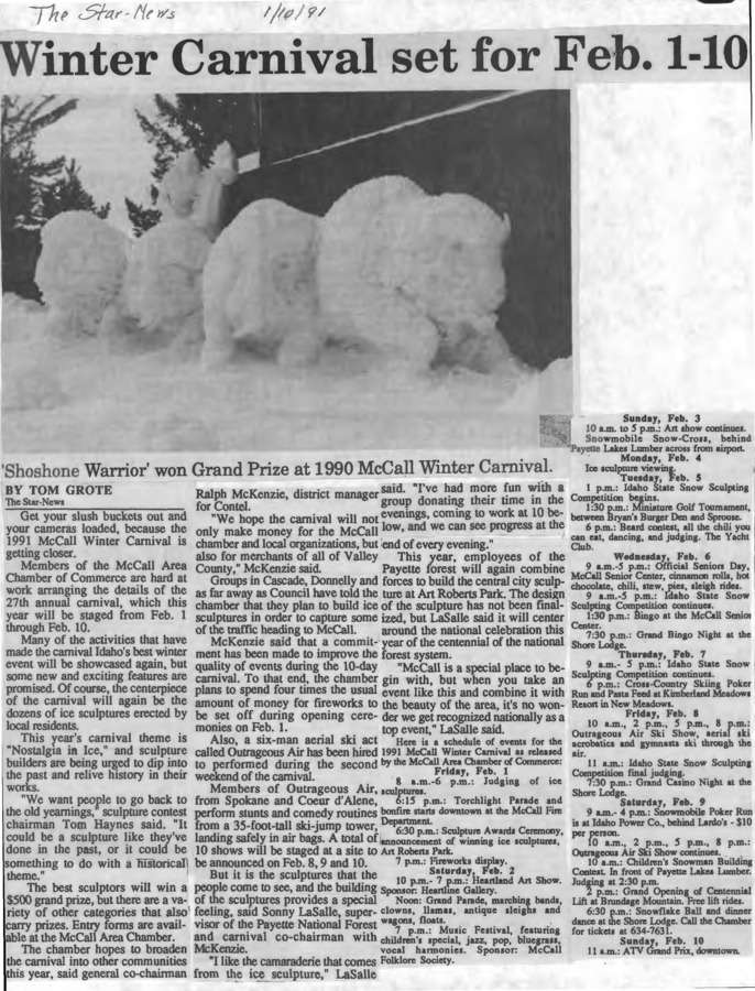 26 pages of subject files containing and related to McCall Winter Carnival 1991