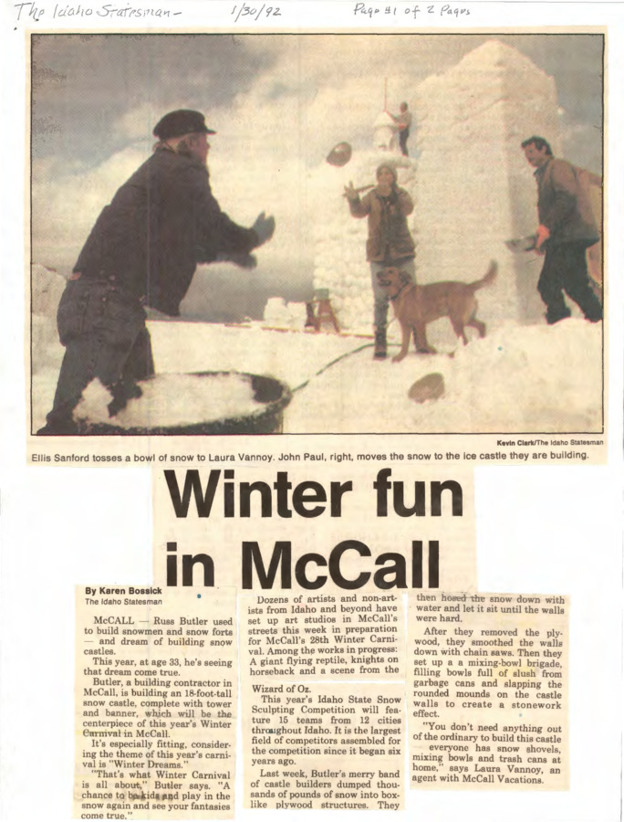 6 pages of subject files containing and related to McCall Winter Carnival 1992