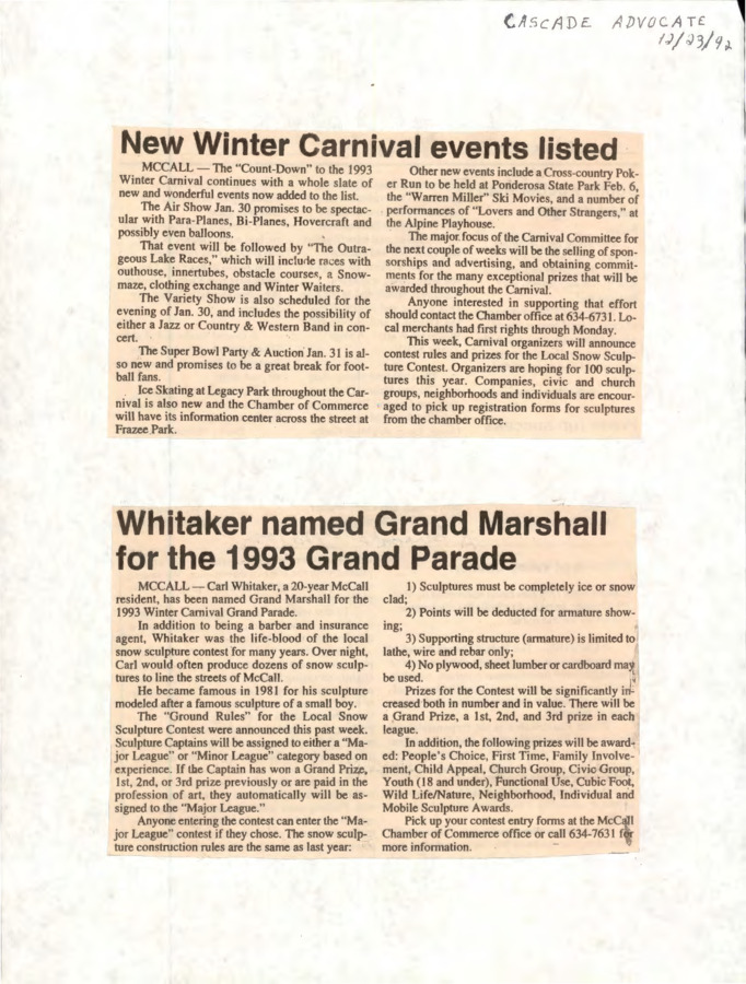 17 pages of subject files containing and related to McCall Winter Carnival 1993