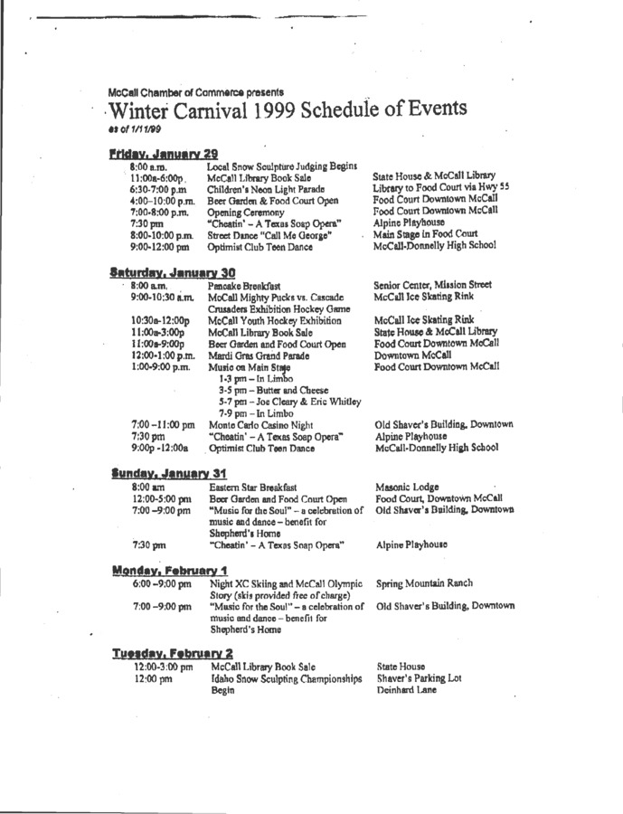 9 pages of subject files containing and related to McCall Winter Carnival 1999