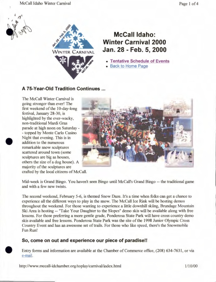 14 pages of subject files containing and related to McCall Winter Carnival 2000