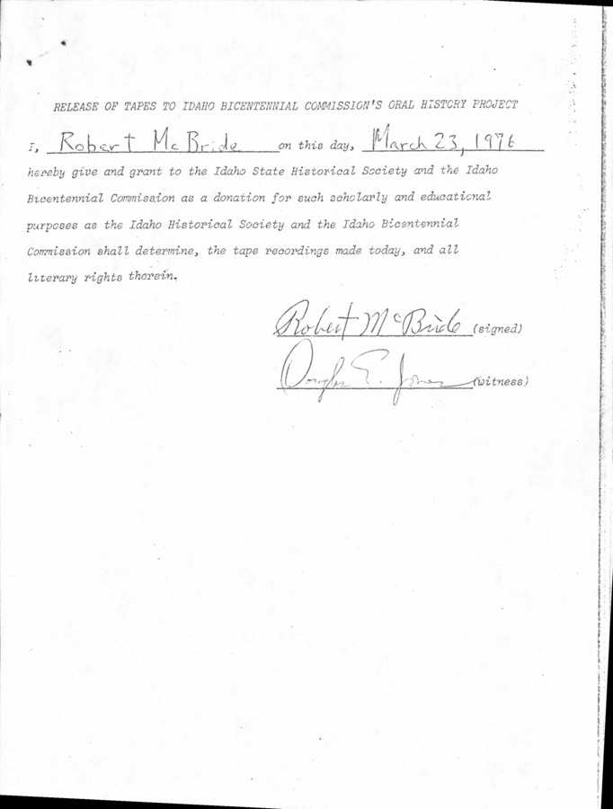 31 page of family history documents containing and related to Robert McBride; Charles Hathaway; Deidy McBride; Murten McBride - including: Idaho Statesman wedding announcement; Oral History