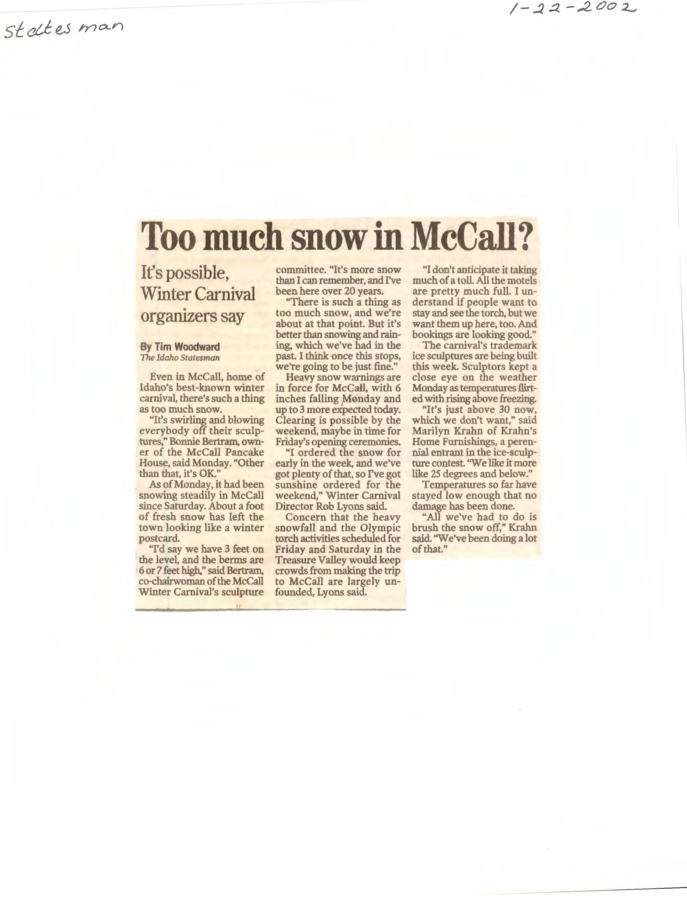 5 pages of subject files containing and related to McCall Winter Carnival 2002
