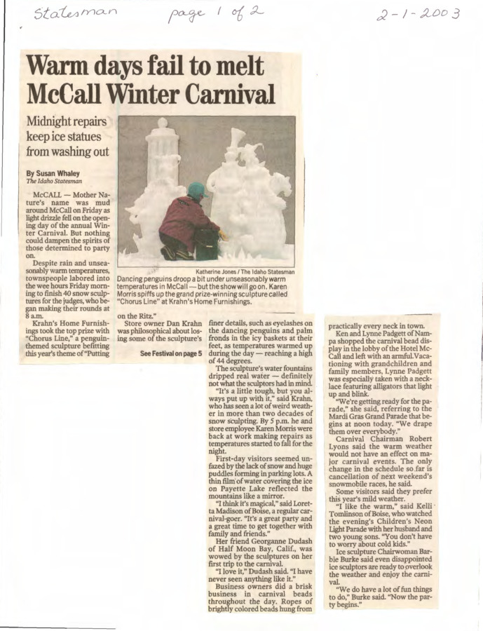 12 pages of subject files containing and related to McCall Winter Carnival 2003