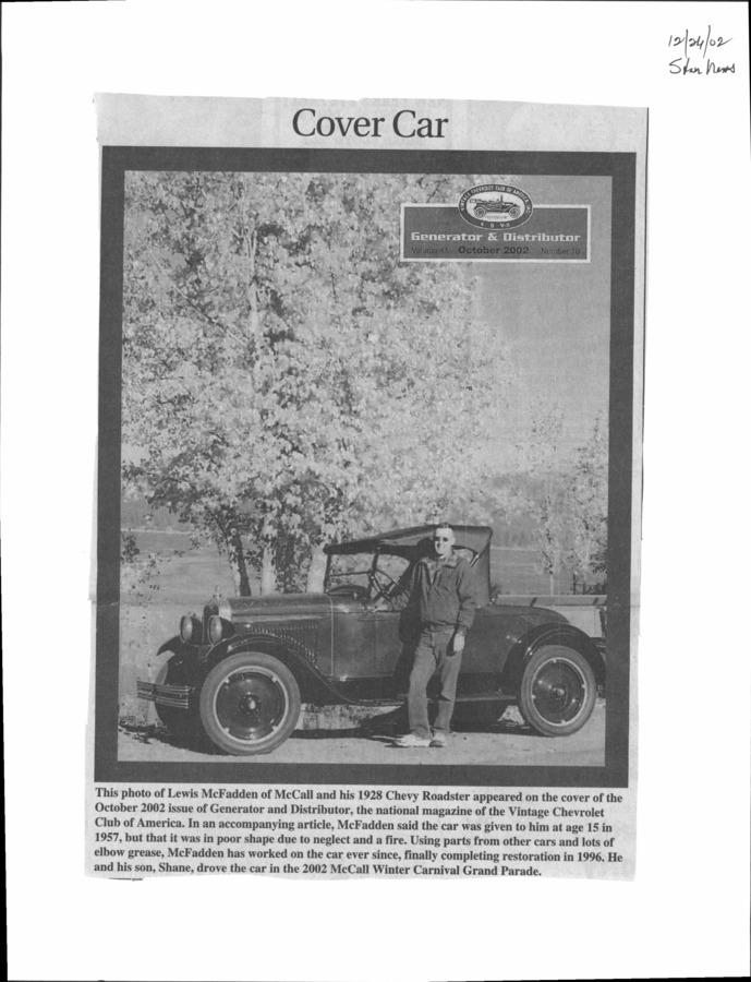 1 page of family history documents containing and related to Lewis McFadden; Shane McFadden - including: Cover of Generator and Distributor magazine, Star News