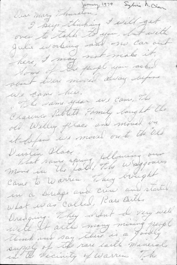 5 pages of family history documents containing and related to Sylvie McLaine - including: 3 pg letter to Mary Thurston; notes for an Oral History