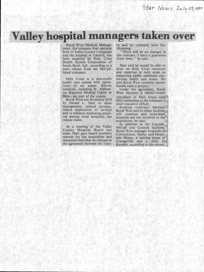 3 pages of subject files containing and related to Valley County, Idaho: Hospitals