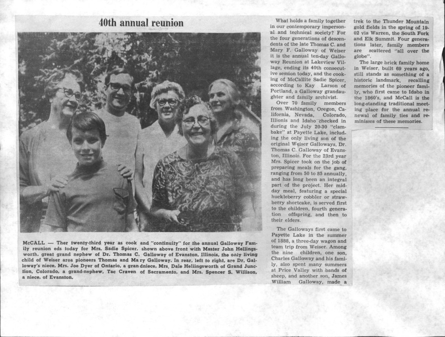 1 page of family history documents containing and related to Galloway Family - including: News article; family reunion