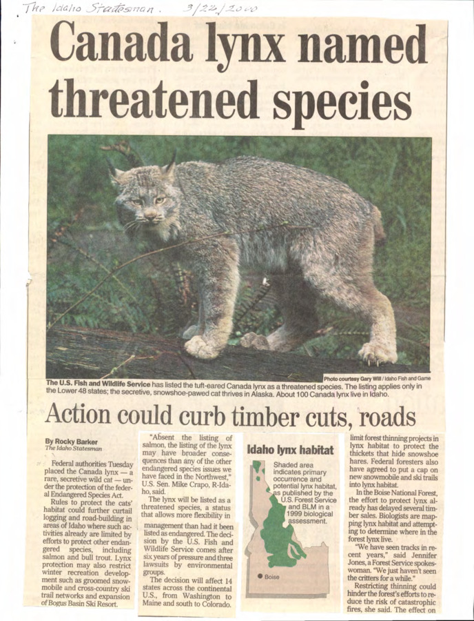 2 pages of subject files containing and related to Wildlife: Lynx