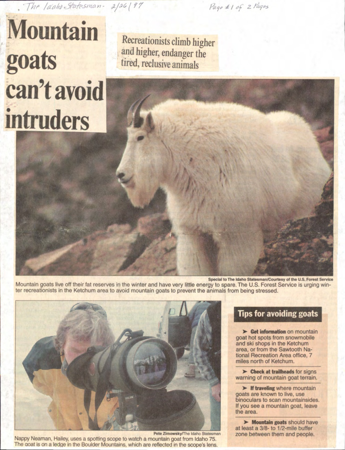 2 pages of subject files containing and related to Wildlife: Mountain Goats