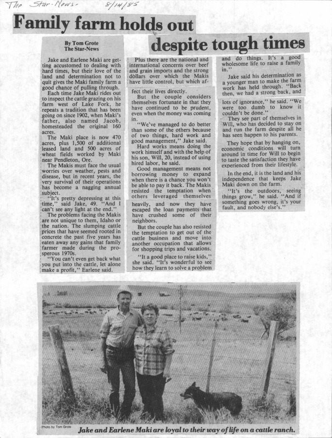 2 pages of family history documents containing and related to Ed Maki; Edna Maki; Jace Maki; Earlene Maki - including: Star News Article; Long Valley Advocate Wedding Anniversary Announcement