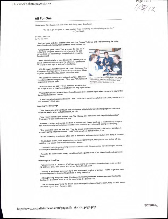 165 pages of subject files containing and related to Winter Sports: Hockey - Junior Steelheads I 2012-2015