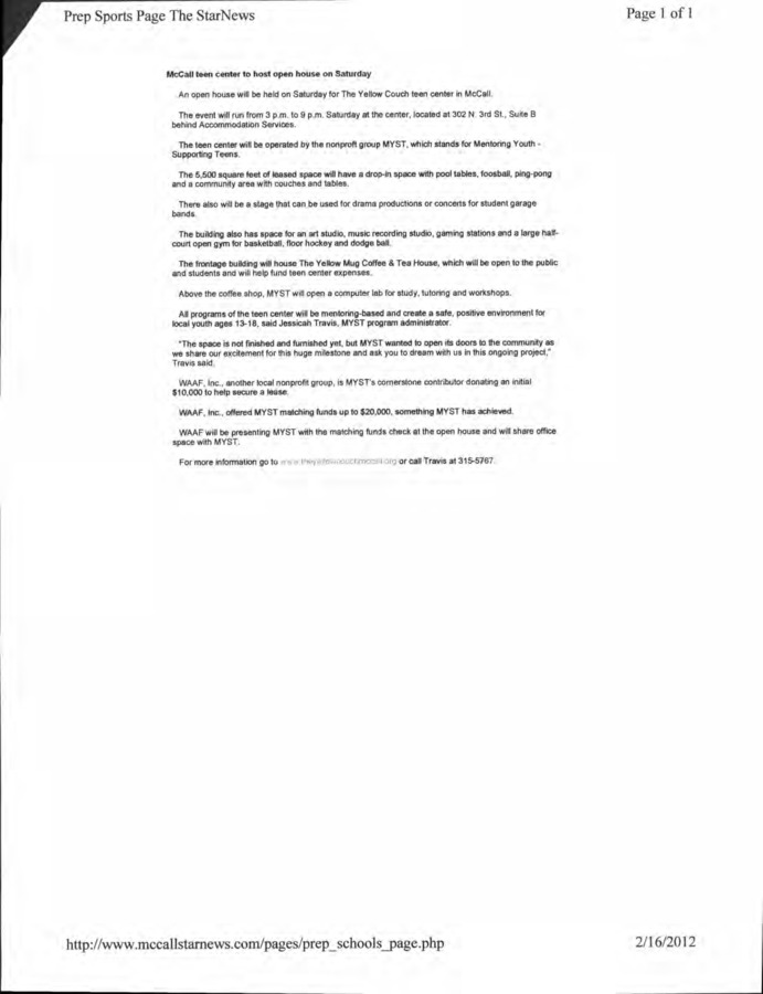19 pages of subject files containing and related to Yellow Couch Teen Center, McCall, Idaho