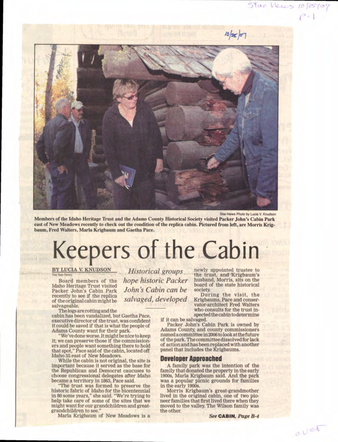 2 pages of subject files containing and related to Packer John's Cabin