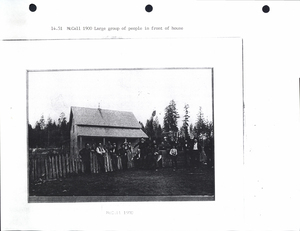 Photocopy of a large group of people in front of a house. Image contains the text: "14.51 McCall 1900 Large group of people in front of house  McCALL 1900"