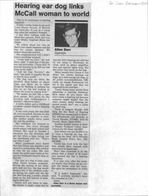 1 page of family history documents containing and related to Gloria Nourse; Fred Drake; Lorraine Drake; Scooter the Dog; Dogs for the Deaf - including: The Idaho Statesman