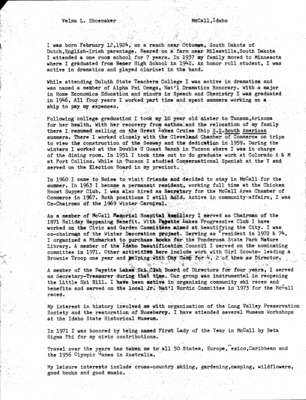 2 pages of family history documents containing and related to Velma Shoemaker; Long Valley Preservation Society; Secretary for the Chamber of Commerce; Co-chairmen of 1969 Winter Carnival - including: Personal written history, Star News