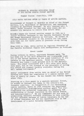 2 pages of family history documents containing and related to Lyle Watts; Idaho National Forest; Payette National Forest;Richard E. McArdle - including: Timber Topics and The US Forest Service