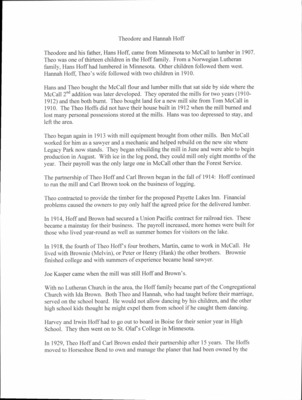 14 pages of family history documents containing and related to Hans Thor Hoff; Theodore "Ted" Hoff; Hannah I. Hoff; Irvin Hoff; Irma Hoff King; Priscilla E. Hayes; James C. Hayes; Helen Hoff Frye; - including: McCall sawmill; logging; Irvin Hoff interview; photographs; obits; written letters; wedding anniversary