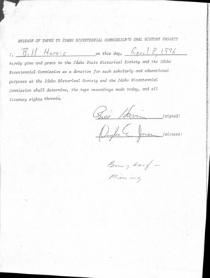 30 pages of family history documents containing and related to Bill Harris; Edna Harris; - including: Oral History; obits