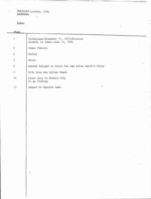 17 pages of family history documents containing and related to John Robert "Jay" Lietzke; Liza Lietzke; Betty Harwood - including: Index; Oral History; obituary; photograph