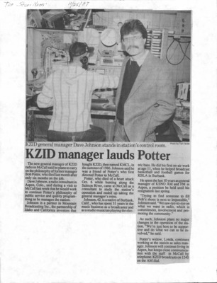 2 pages of family history documents containing and related to Robert A. "Bob" Potter, KZID; Dave Johnson; Lynda Potter - including: the Star News articles