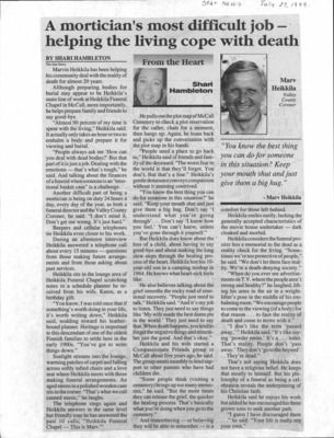 1 page of family history documents containing and related to Marv Heikkila - including: Star News Article; Mortician