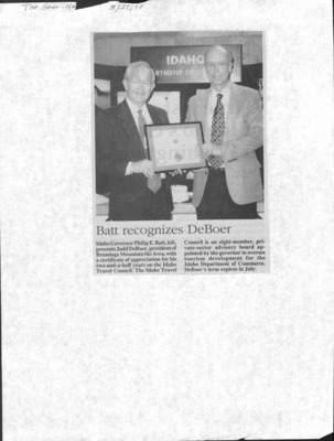 1 page of family history documents containing and related to Judd DeBoer; Phillip Batt - including: award; star news article