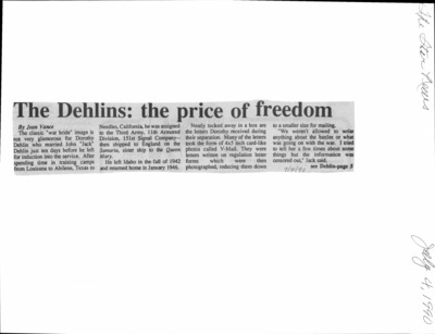 6 pages of family history documents containing and related to John "Jack" Dehlin; Dorothy Dehlin; - including: photos; news articles; wedding anniversary