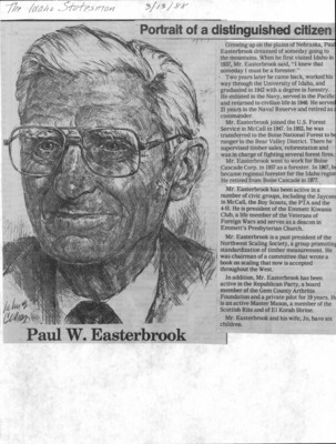 1 page of family history documents containing and related to Paul W. Easterbrook; Jo Easterbrook - including: Idaho Statesman news article