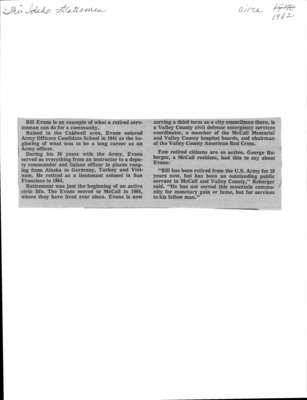 4 pages of family history documents containing and related to Bill A. Evans; Thomas W. Evans; Marjorie Evans - including: News articles, McCall Mayor;