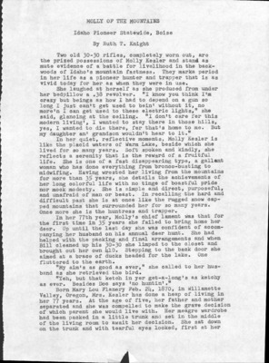 11 page of family history documents containing and related to Mary Kessler; Molly of the Mountains; Mrs. Bill Kessler; Charles Willey May; Aunt Molly Warm Springs - including: Memoir by Ruth T. Knight with poem by Mary Kessler; index