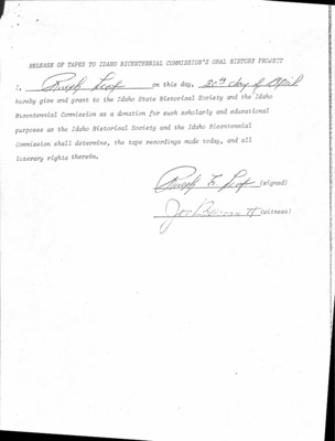 23 pages of family history documents containing and related to Ralph Leaf; Olive Leaf - including: Oral History of Ralph Leaf; Star News article; Lake Fork Merc; Long Valley Advocate article; Star News articles