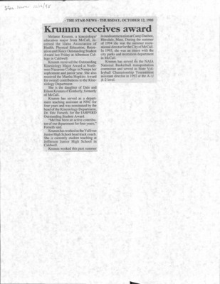 1 page of family history documents containing and related to Melanie Krumm - including: Star News article re award