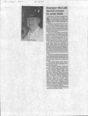 1 page of family history documents containing and related to Harvey Edgar Florence; Ida Jane Durrant Florence - including: Star News article