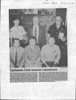 10 pages of subject files containing and related to McCall Optimists Club